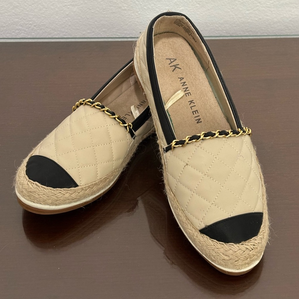 Anne Klein Cream and Black Espadrille Flats with Quilted Design